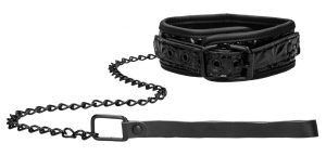 Черный широкий ошейник с поводком Luxury Collar with Leash