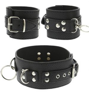 Черный ошейник с манжетами для рук COLLAR & CUFF SET