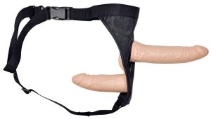 Телесный страпон с вагинальной пробкой Double Dong Strap-On - 19 см.