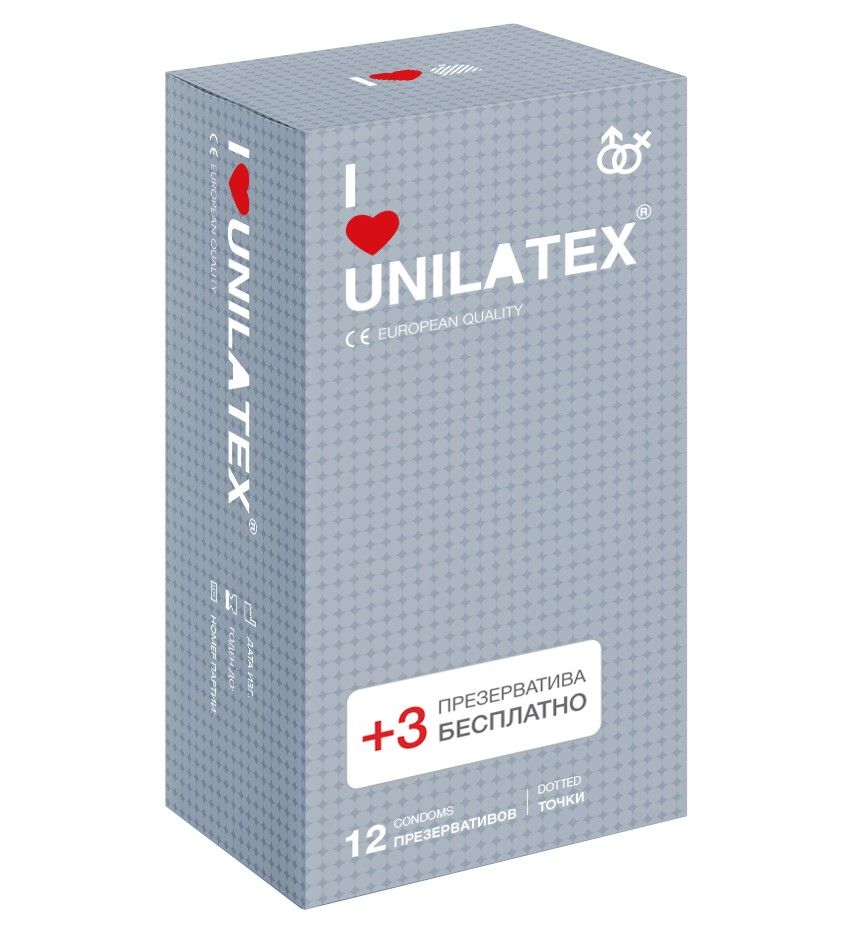 Презервативы с точками Unilatex Dotted - 12 шт. + 3 шт. в подарок